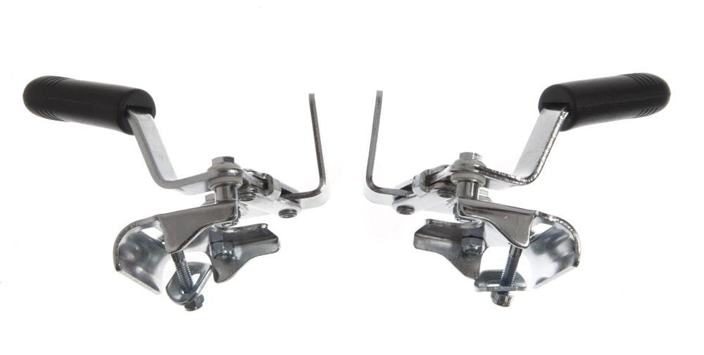 Wheelchair wheel lock pair with black rubber handles, chrome bolt clamp mechanisms, shown on white background