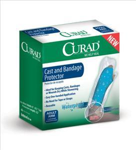 Cast and bandage protector in teal packaging with waterproof sleeve shown on adult arm