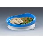 Scooper plate with raised curved edge and suction cup base, filled with food including vegetables and chicken