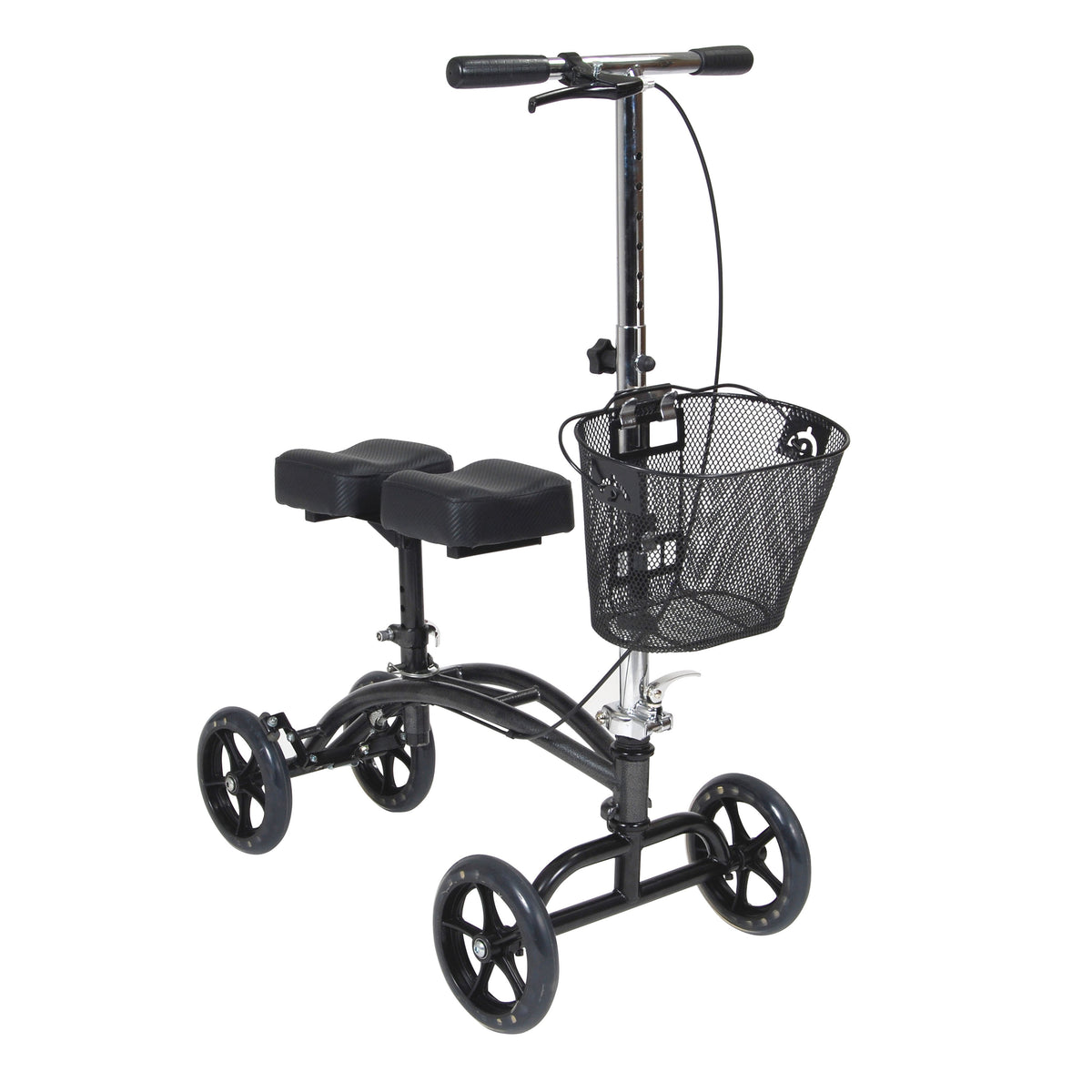 Dual pad steerable knee walker in black with four wheels, padded knee rest, handlebar with hand brakes, and front wire basket