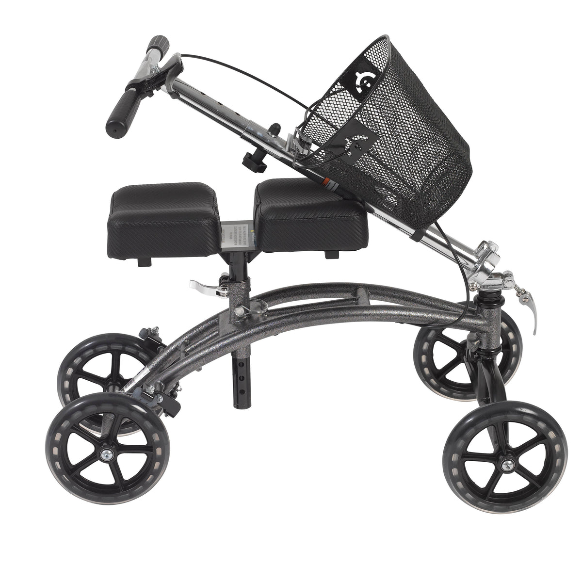 Dual pad steerable knee walker with black mesh basket, padded knee rest, handlebars, hand brakes, and four wheels shown from