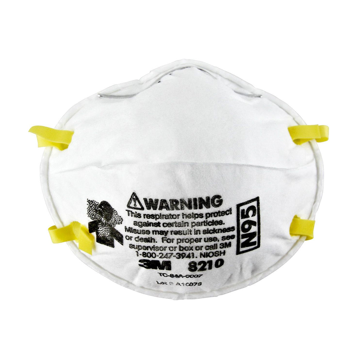 N95 respirator mask in white with yellow elastic straps and 3M 8210 NIOSH-approved labeling on front