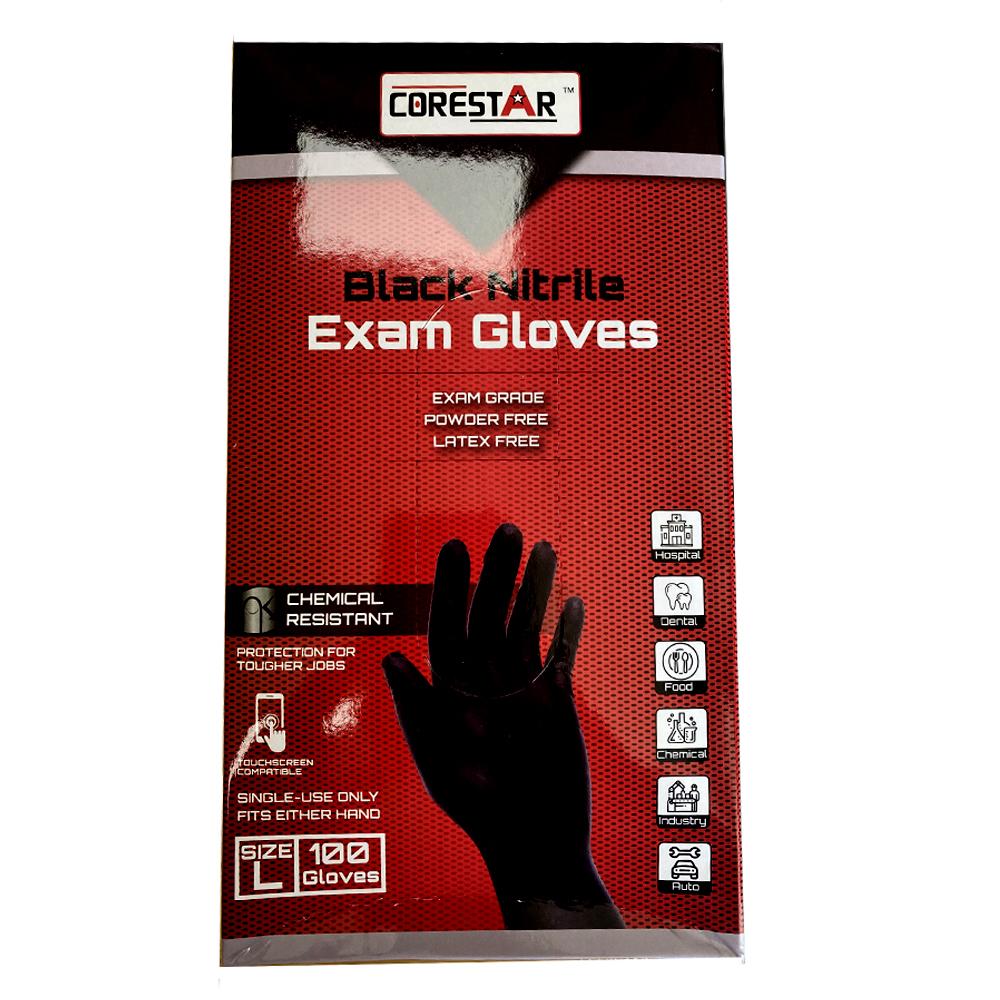 Nitrile exam gloves box, CoreStar brand, black, size large, 100-count, powder-free and latex-free, red and black packaging