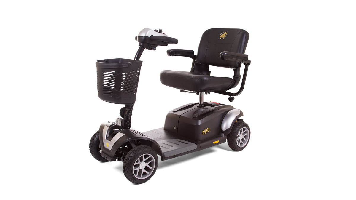 4-wheel mobility scooter in black and silver with padded captain's seat, armrests, tiller controls, and front storage basket