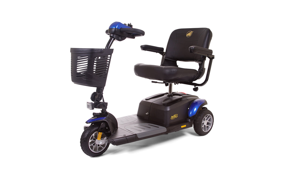 3-wheel mobility scooter in blue and black with padded captain's seat, front basket, tiller controls, and all-terrain wheels