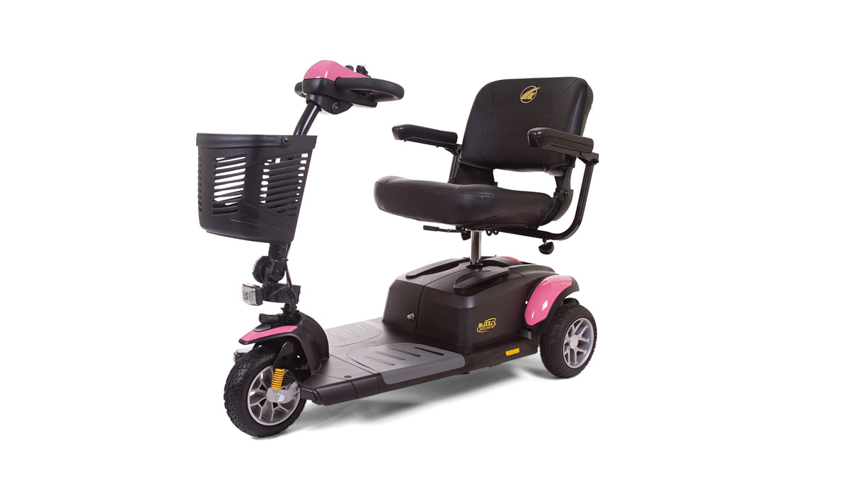 3-wheel mobility scooter in black and pink with padded seat, armrests, tiller steering, and front basket