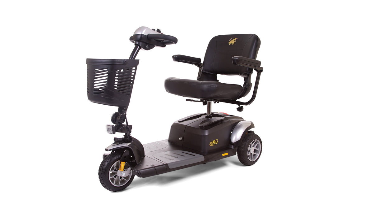 3-wheel mobility scooter in black and silver with padded captain's seat, tiller steering, front basket, and spoke wheels