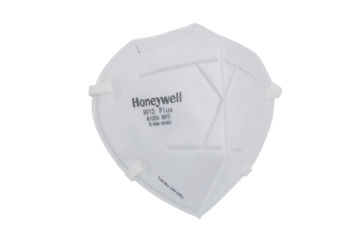 N95 respirator mask, white cup-style Honeywell H910 Plus with NIOSH N95 labeling, shown flat against white background