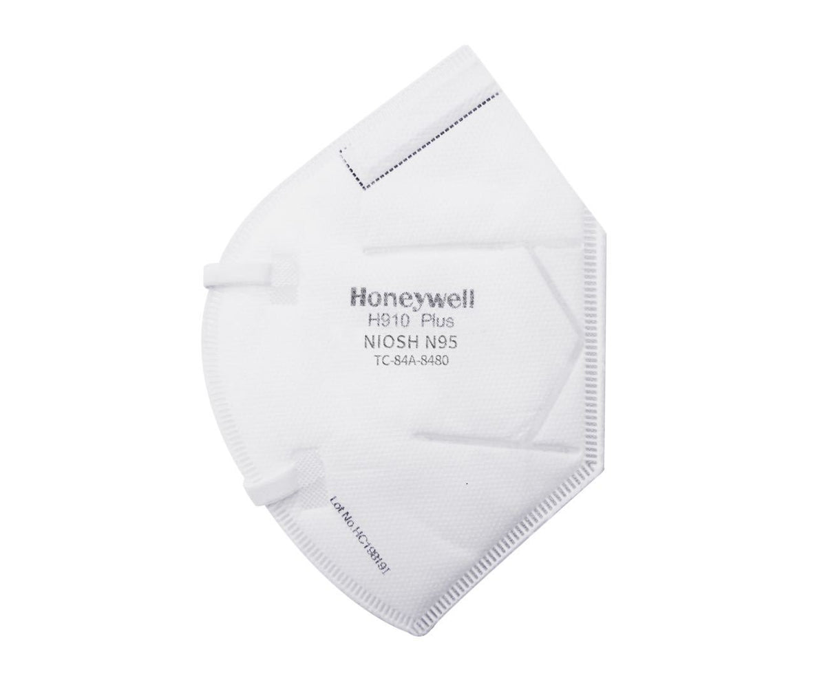 Honeywell H910 Plus NIOSH N95 white flat-fold respirator mask on a white background