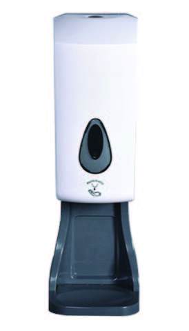 Freestanding hand sanitizer dispenser with white body, dark sensor window, and gray base