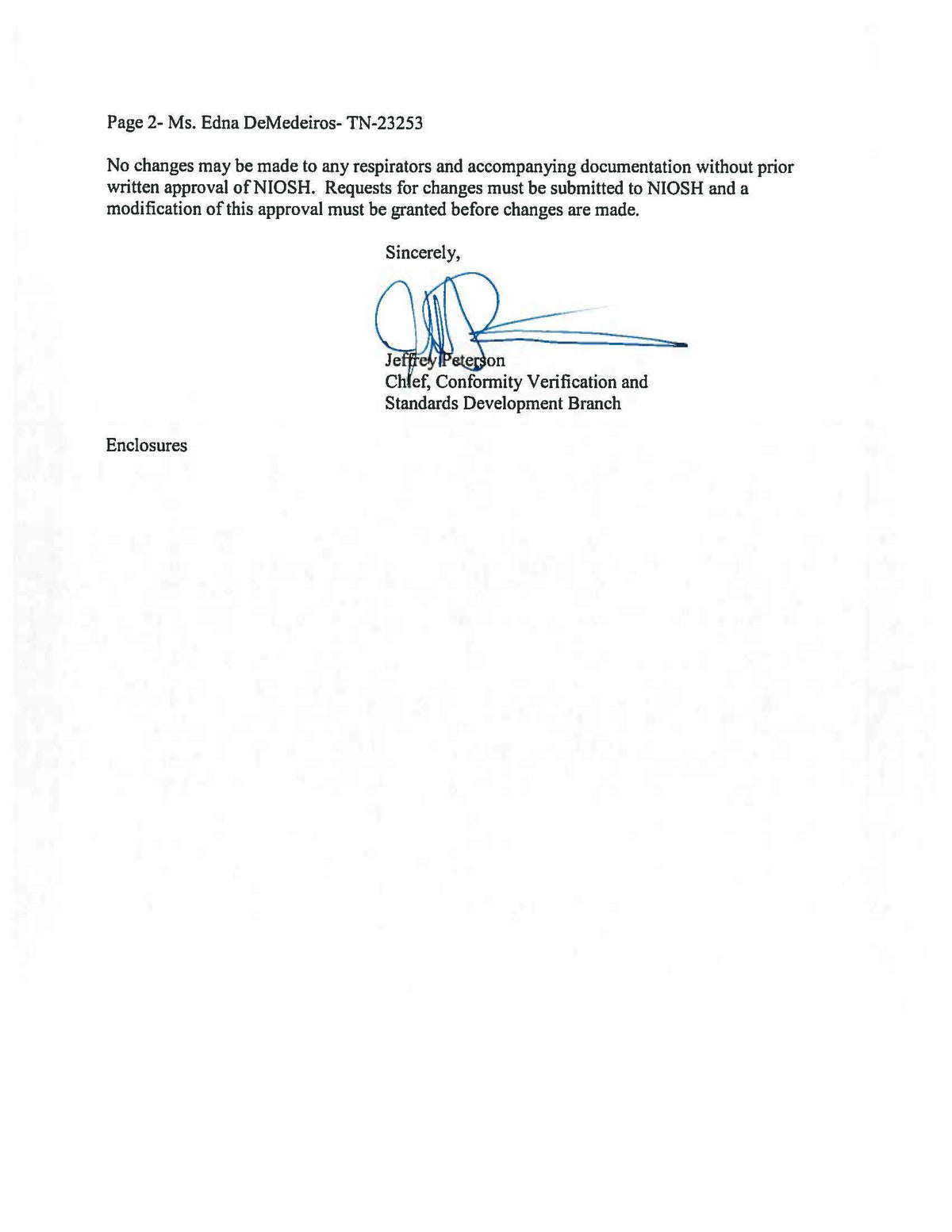 NIOSH approval letter page 2 signed by Jeffrey Peterson, Chief of Conformity Verification and Standards Development Branch