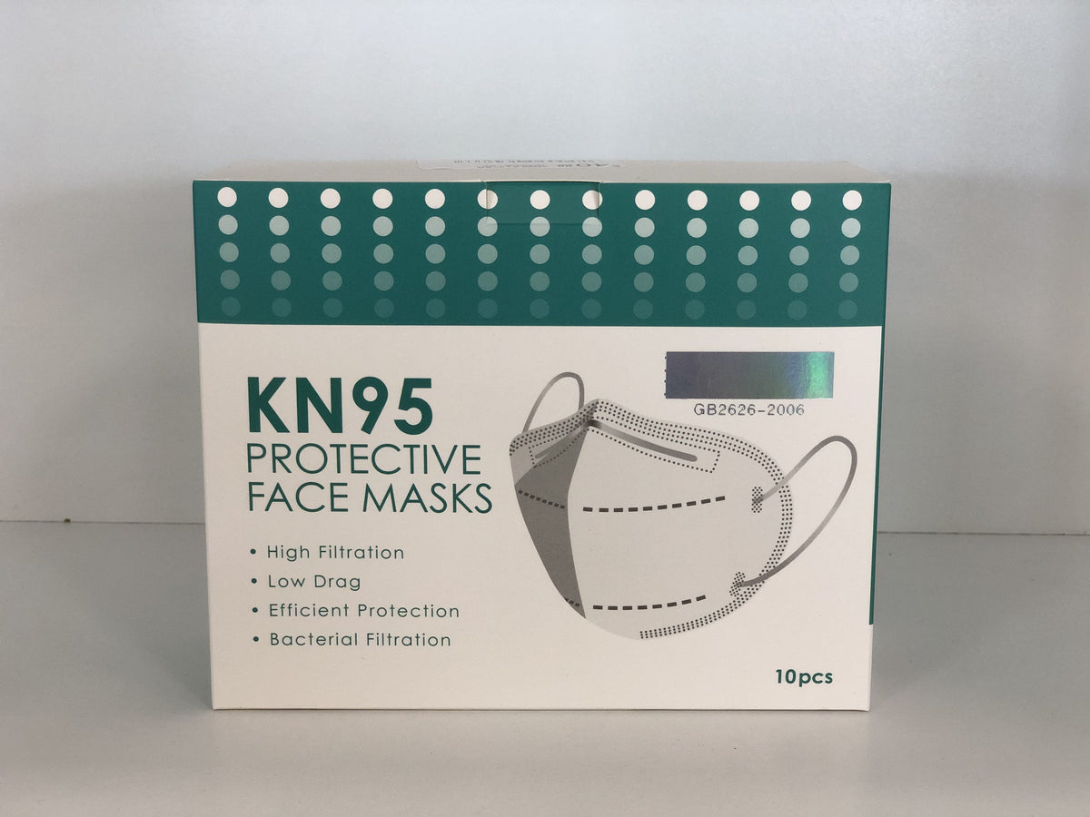 KN95 protective face masks box of 10 with teal and white packaging showing mask illustration