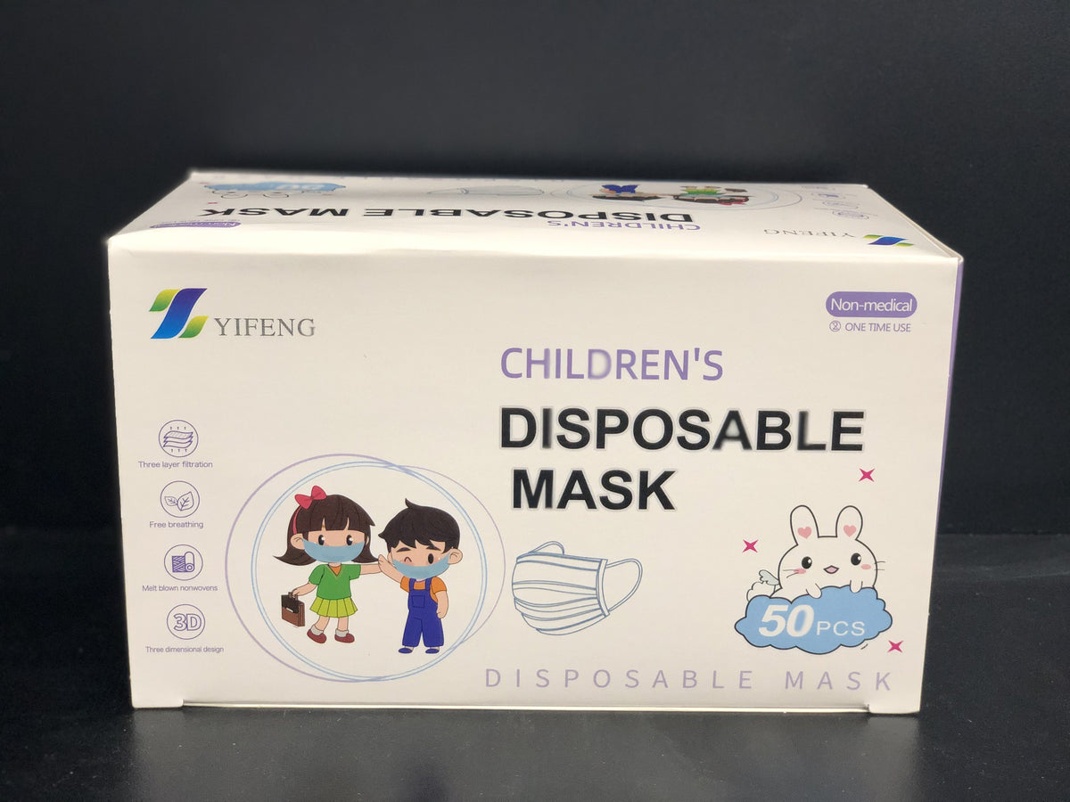 Children's disposable face mask box of 50, white packaging with cartoon kids illustration, non-medical one-time use