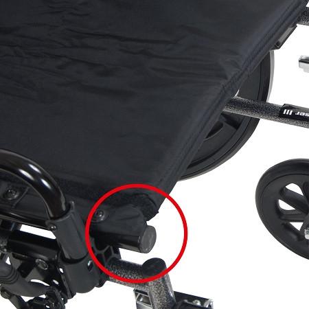 Wheelchair seat underside showing flip back removable arm mechanism highlighted with a red circle, black frame and rear