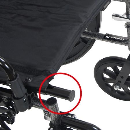 Wheelchair flip-back removable arm mechanism highlighted with red circle, showing release pin detail on black frame
