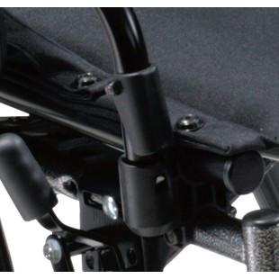 Wheelchair flip-back removable arm mechanism showing black metal hinge hardware and frame connection detail