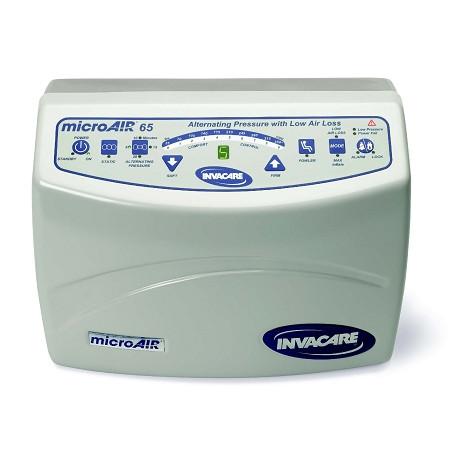 Invacare MicroAir 65 alternating pressure pump unit with control panel, buttons, and display on white casing