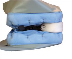 Innerspring mattress shown folded, featuring light blue quilted fabric cover with white side panel and black strap