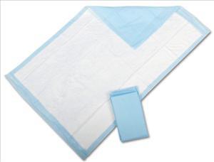 Disposable underpads in white and light blue, one unfolded flat and one folded, shown together