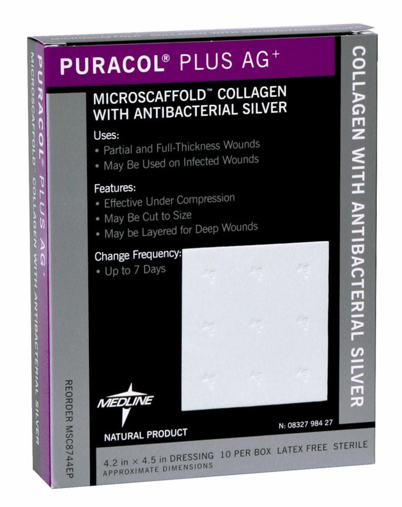 Collagen wound dressing box with antibacterial silver, showing product details and a single white square dressing pad