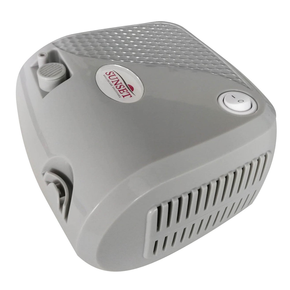 Nebulizer compressor in light gray with textured top, power button, air filter port, and ventilation grilles on the front