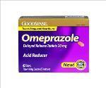 Omeprazole delayed release acid reducer tablets box, 42 count, purple and yellow packaging