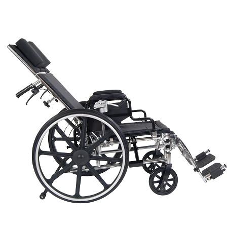Viper Plus GT full reclining wheelchair with reclined backrest, headrest, elevating leg rests, and silver frame, side view