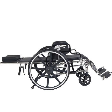 Reclining wheelchair with fully reclined back, elevating leg rest extended, silver frame, and black upholstery, shown from