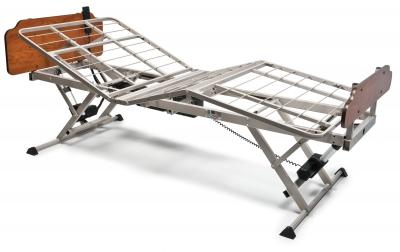 Adjustable homecare hospital bed with metal frame, half side rails, wood-tone end panels, and remote control pendant