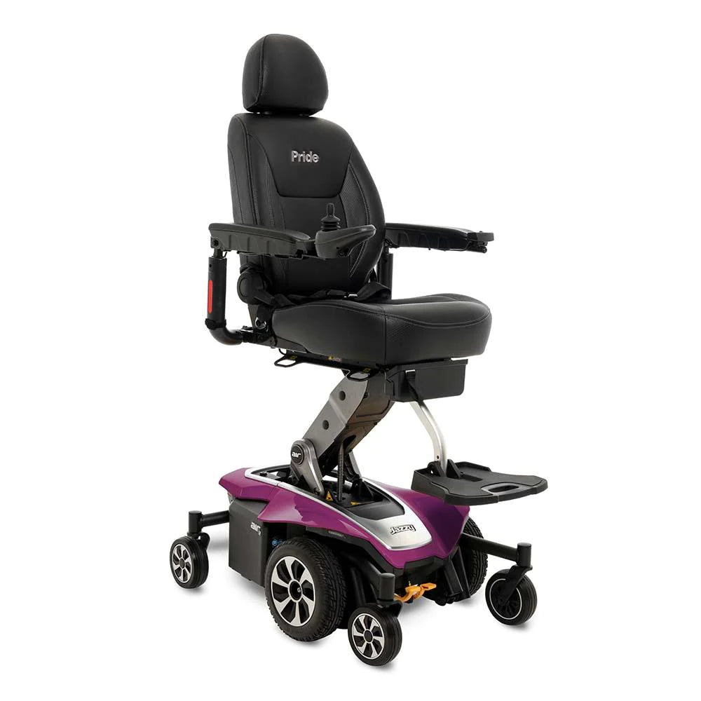 Pride Jazzy Air 2 power wheelchair with elevated black seat, headrest, armrests, and purple base with spoke wheels