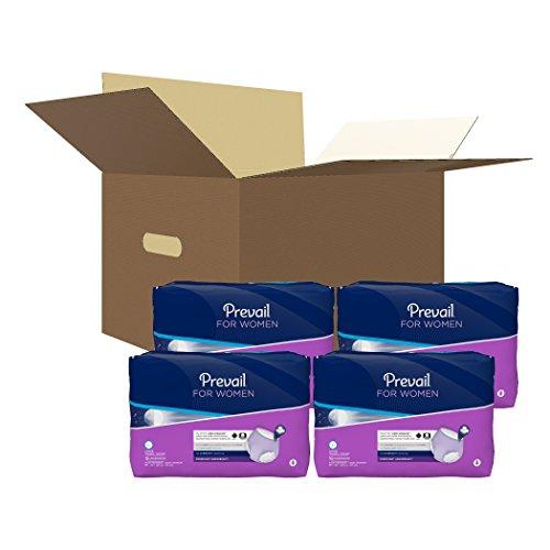 Prevail For Women overnight underwear, four blue packages shown in front of an open cardboard shipping box
