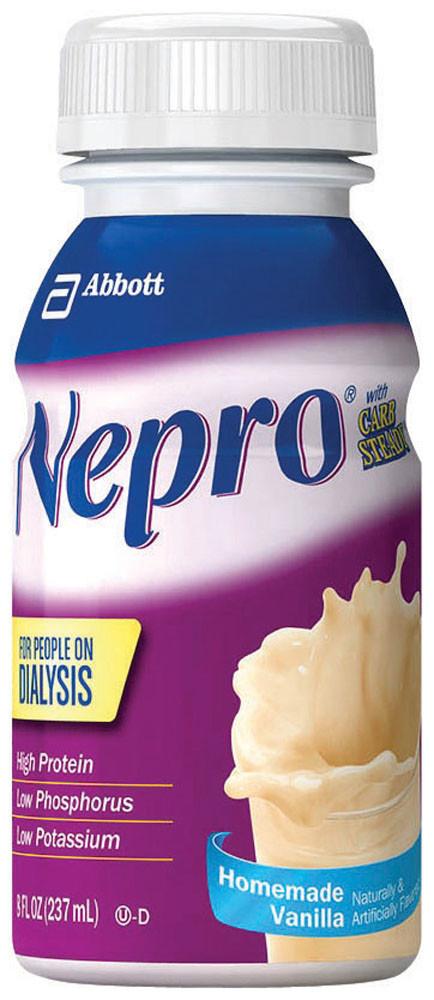 Abbott Nepro with Carb Steady homemade vanilla oral supplement, 8 fl oz bottle for people on dialysis, white screw cap