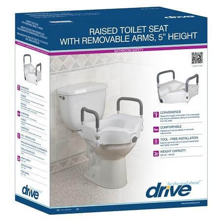 Raised toilet seat with removable arms shown in Drive brand retail packaging with product images on white and blue box
