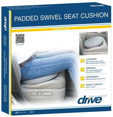 Padded swivel seat cushion in Drive-branded retail box showing person using cushion in car seat