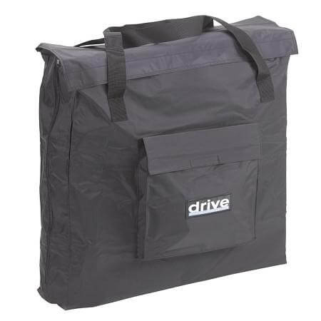 Transport chair carry bag in dark gray nylon with top handles, front pocket, and Drive logo