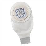 Drainable ostomy pouch with cut-to-fit skin barrier wafer and clamp closure, shown from front