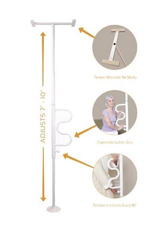 Floor-to-ceiling security pole with curved grab bar, shown with tension mount top, ergonomic grip, and rotating lock feature