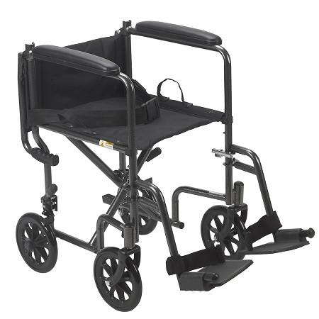 Lightweight steel transport wheelchair with black upholstery, padded armrests, swing-away footrests, and small rear wheels