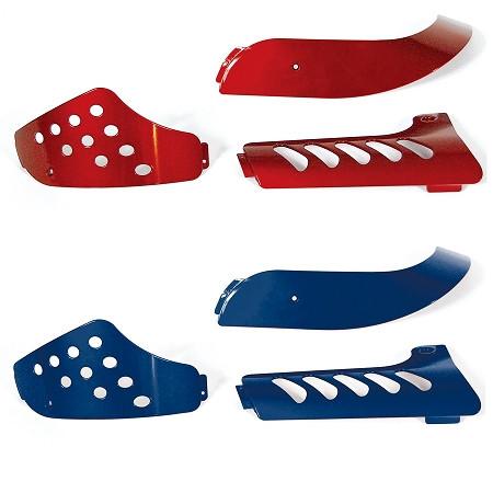Scooter body panel set in red and blue colorways, showing three molded plastic panels each with ventilation cutouts