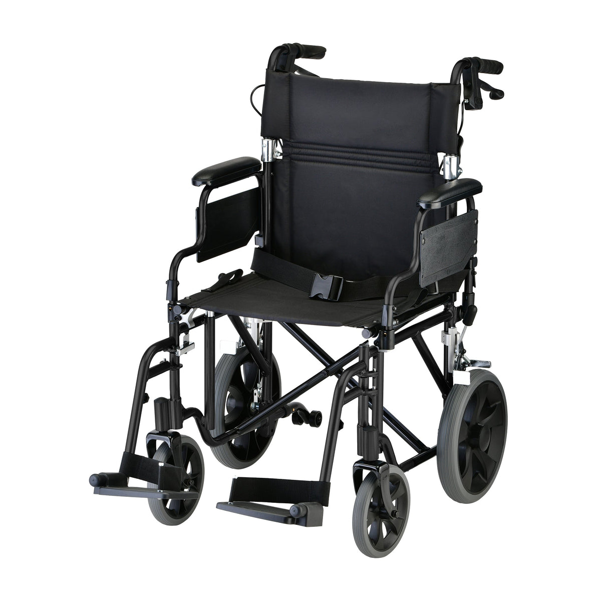 Transport chair with black frame, padded seat and back, flip-up armrests, caregiver hand brakes, and 12-inch rear wheels