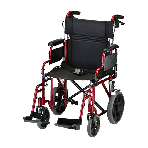 Transport chair with red aluminum frame, black padded seat and back, flip-up arms, hand brakes, and 12-inch rear wheels