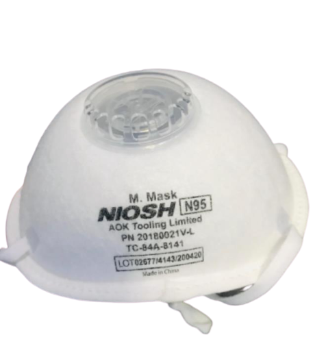 N95 respirator mask with exhalation valve, cup-style design, NIOSH-approved, white with printed certification label