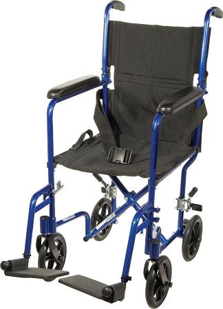 Lightweight transport wheelchair with blue aluminum frame, black upholstered seat, armrests, footrests, and rear push handles