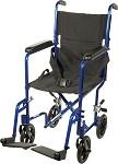 Lightweight transport wheelchair with blue aluminum frame, black upholstery, and rear push handles