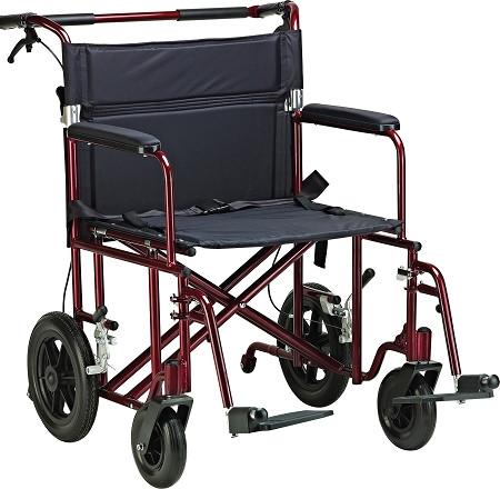 Bariatric transport chair with red steel frame, navy blue padded seat and back, padded armrests, swing-away footrests, and