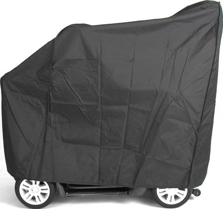 Power scooter cover in black nylon fabric draped over a mobility scooter, with wheels visible at the base