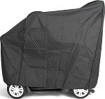 Power scooter cover in dark charcoal gray, fitted over a mobility scooter with wheels visible at the base