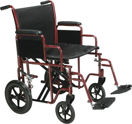Bariatric transport wheelchair with red steel frame, black upholstery, swing-away footrests, and large rear wheels