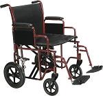 Bariatric transport wheelchair with red frame, black upholstery, swing-away footrests, and large rear wheels