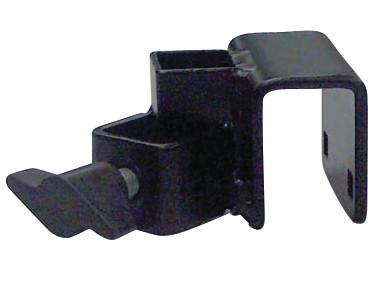 Forearm platform attachment bracket in black metal with mounting clamp and hardware for safety roller or gait trainer